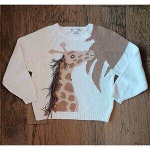 Vintage Chaus Sweater Size M Giraffe Design Oversized Beige 3D Novelty
